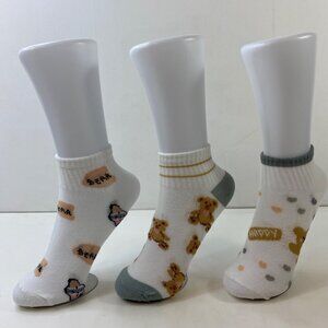Womens Ankle Socks Set 3 Teddy Bear Print "Bear" "Happy" White Brown Gray